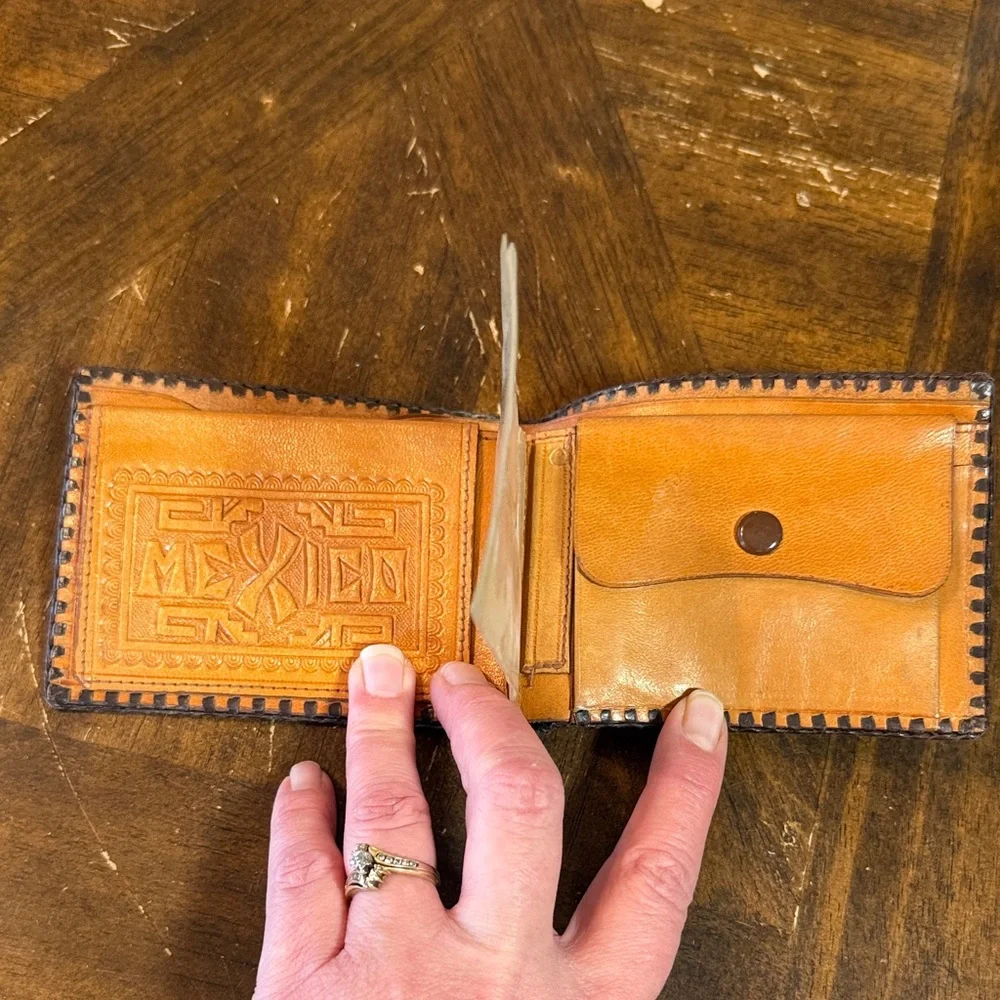 Hand-Tooled Brown Leather Bifold Wallet does show some wear - Picture 3 of 3